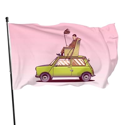 JIAQI 3x5 Feet Mr Bean Sitting On Top of His Car Vector Art - Vivid Color and UV Fade Resistant - Garden Flags