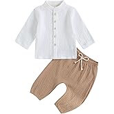 VISGOGO Toddler Boy Linen Outfit Baby Boy Fall Winter Clothes Set Button-Down Shirt Tops Cotton Linen Pants 2PCS