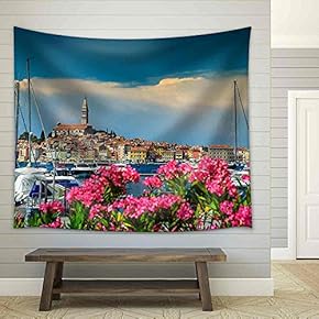 Wonderful Romantic Old Town of Rovinj with Beautiful Pink Oleander Flowers,Istrian Peninsula,Croatia,Europe - Fabric Wall Tapestry Home Decor - 51x60 inches