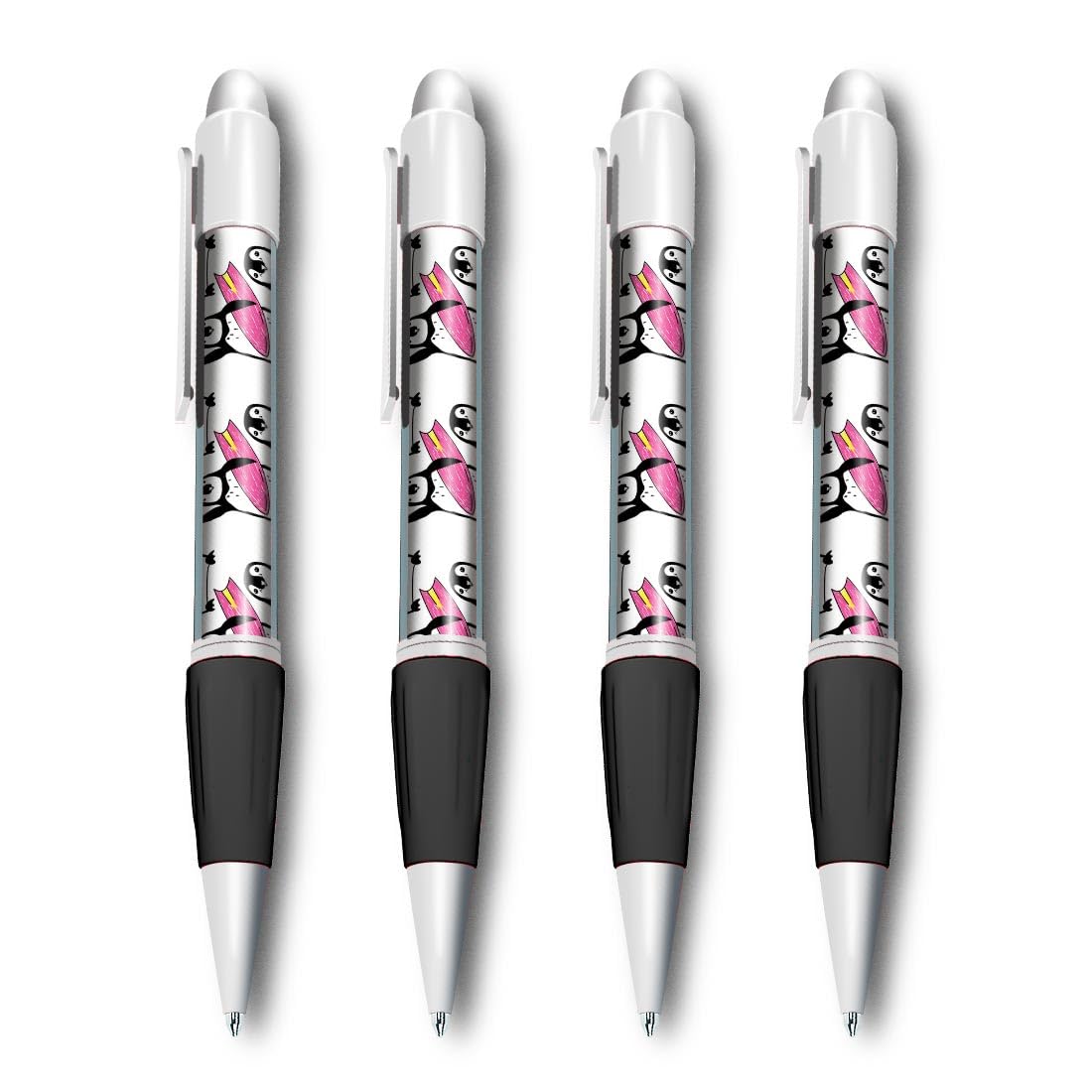 Set of 4 White Ballpoint Pens (Photo Insert) - Surfing Penguins Funny Swimming Pattern - Soft Feel Finger Grip #170888
