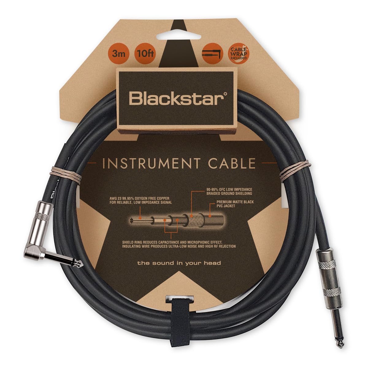 Blackstar 3m (10ft) Instrument Cable Straight ¼” Jack to Angle ¼” Jack for Bass/Electric Guitar/Electro-Acoustic/Keyboard/Amp