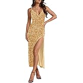 Wenrine Womens Sparkly Sequin Maxi Dress Spaghetti Strap V Neck Sexy High Slit Formal Club Party Summer Dresses Gold