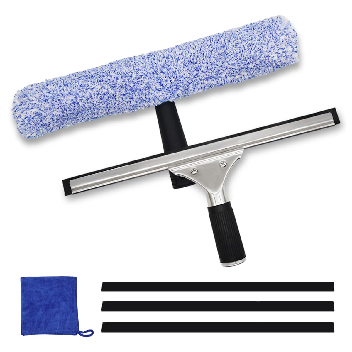 Professional Window Cleaning Kit - Window Cleaner Tools with 14" Squeegee, Microfiber Scrubber, 3 Rubber Blades & Cloth for Shower Glass, Mirror, Door & Car