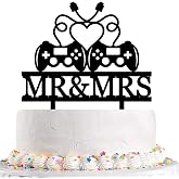 Gamer Couple Wedding Cake Topper - Game Controllers Cake Topper with Heart-Shaped Cable,Romantic Mr&amp;Mrs Topper for Gaming Couples' Bridal Shower Engagement Wedding Anniversary Party Decor