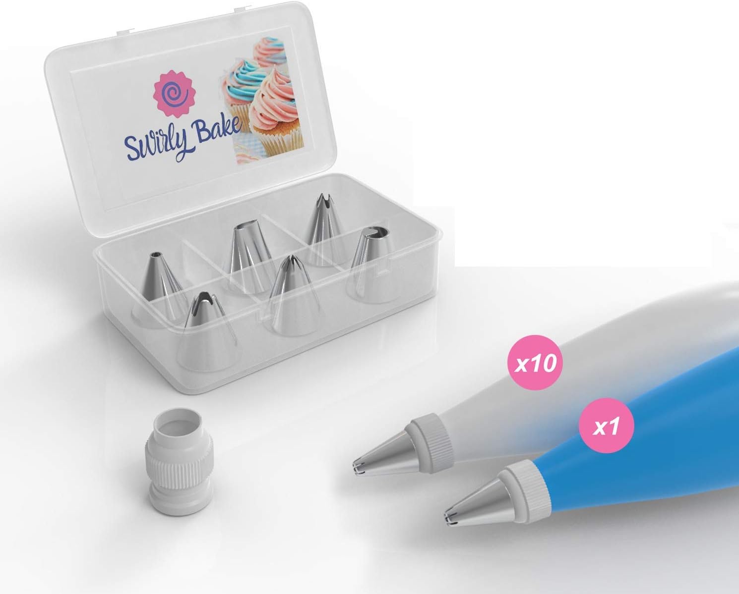 Swirly Bake Cake Decorating 20 Piece Set. Stainless Steel Piping Nozzles Tips, 1 Reusable Piping Bag, 1 Coupler