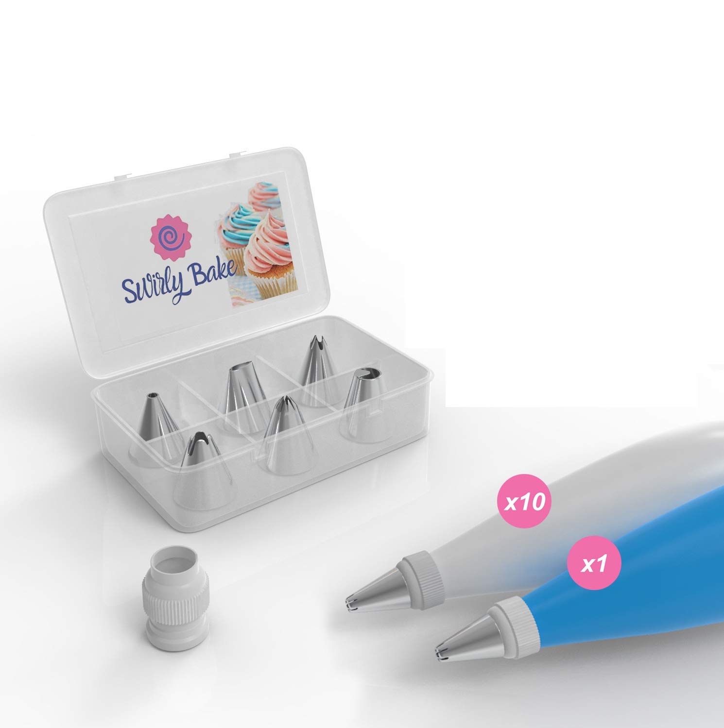 Swirly Bake Cake Decorating 20 Piece Set. Stainless Steel Piping Nozzles Tips, 1 Reusable Piping Bag, 1 Coupler, 10 Disposable Piping Bags, Storage Case. E-Book Included.