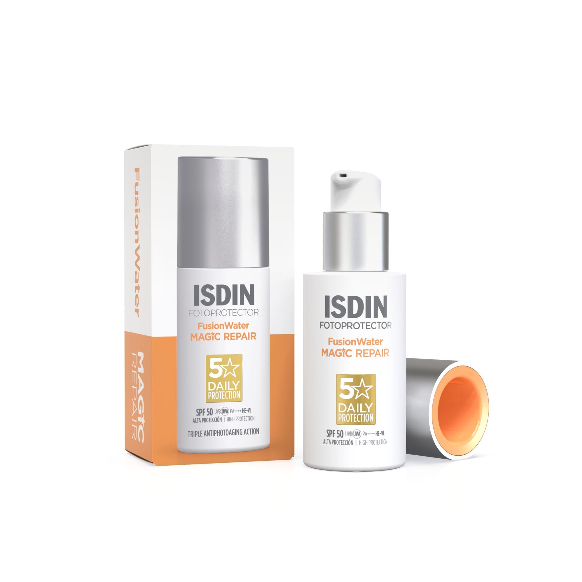 ISDIN Fusion Water MAGIC Repair SPF 50 - Anti-Ageing Facial Sunscreen - Triple Action: Protects, Repairs DNA & Reverses Wrinkles - Oil-Free, Anti-Pollution, 50ml