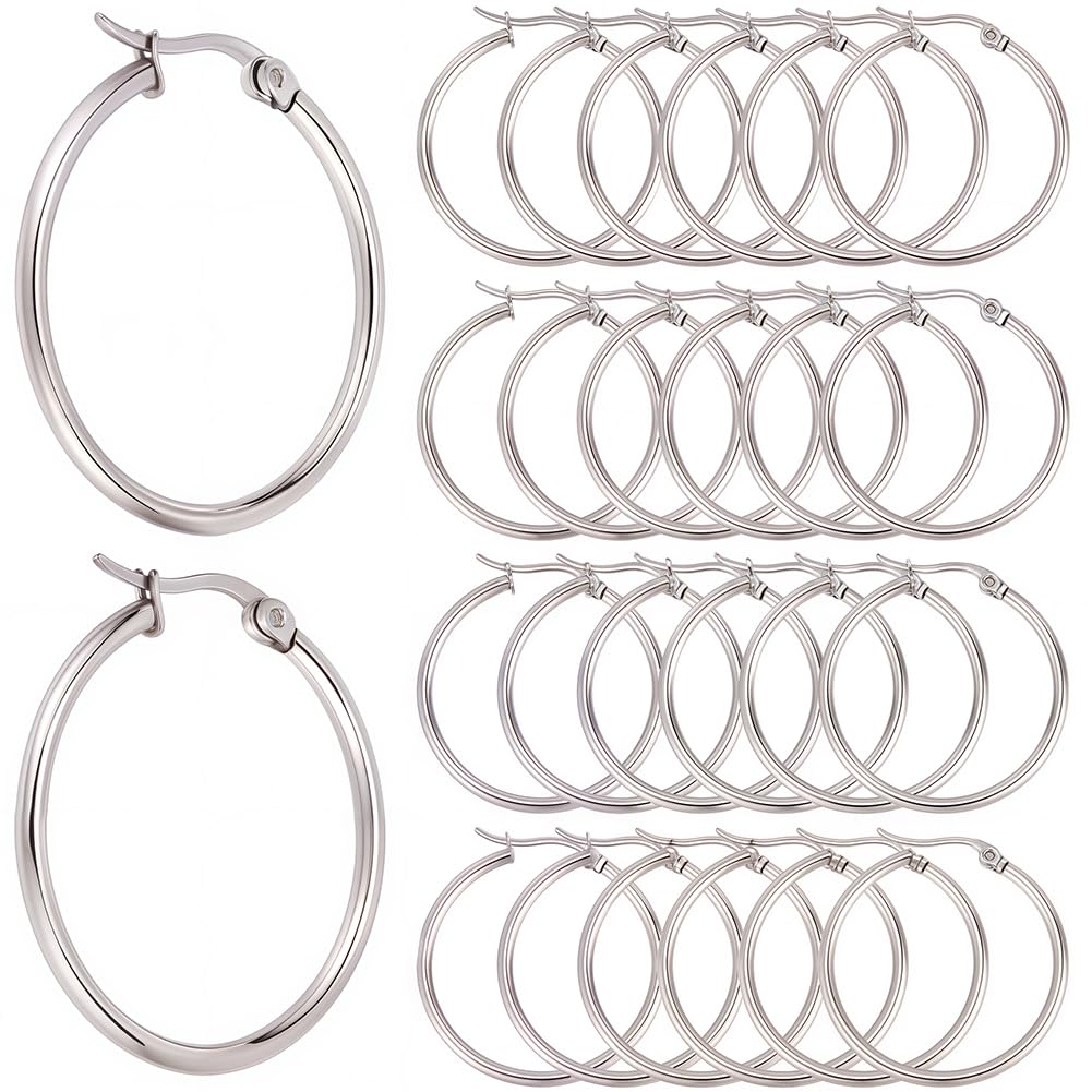 SOFPLATE 1 Box 60pcs 30mm Stainless Steel Earring Beading Hoop Set Hypoallergenic Silver Dangle Hoops Open Round Earring Findings for Jewellery Making Supplies DIY Craft