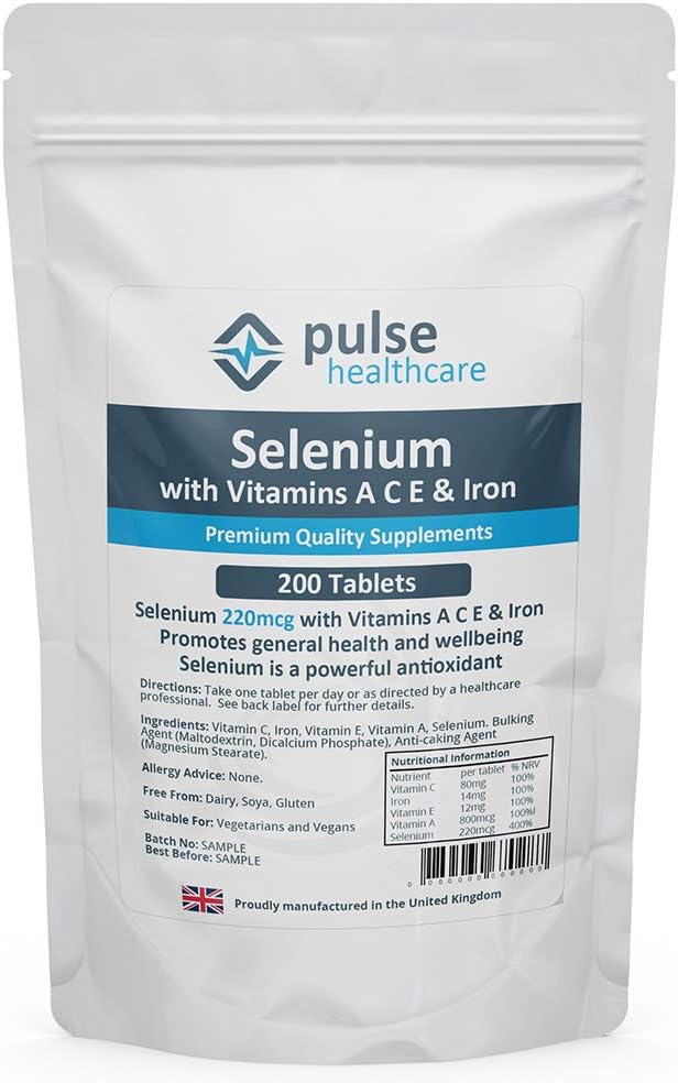 Selenium 220mcg with Vitamins ACE and Iron, 200 Tablets, Aid to Fertility - Immune System - Thyroid - Hair and Nail Health, Manufactured in The UK, Pulse Healthcare Supplements