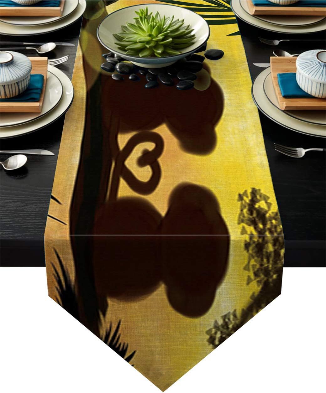 Fandim Fly Dining Table Runner 14 x 72 Inch, Sunset Jungle Forest Love Cute Monkey Table Runners for Morden Stylish Wedding Party Holiday Table Setting Decor