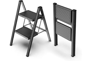 WOA WOA 2 Step Ladder, Step Stool Foldable with Wide Pedals, Portable Stepping Stool for Adults, Sturdy Steel Ladders for Home with Anti-Slip Feet, Hold 330 lbs - Black