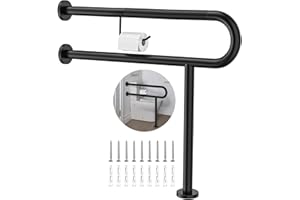 Toilet Support Rail w/Toilet Paper Holder 31.5x28 Inch, ZUEXT Wall to Floor Matte Black Anti-slip Handicap Grab Bar for Bathr