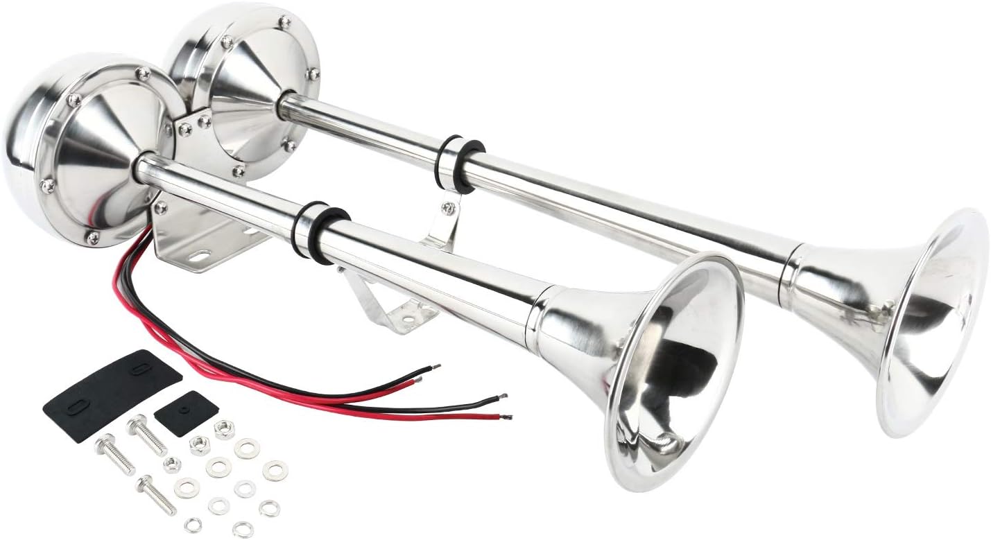 Amarine Made 12v Marine Boat Stainless Steel Dual Trumpet Horn, Low and High Tone, 18-1/2" : Sports & Outdoors