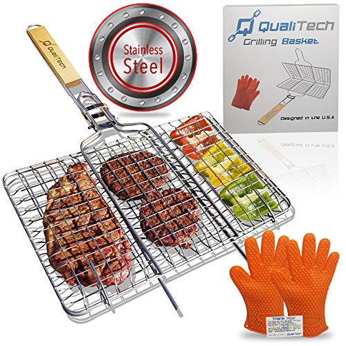 Qualitech Grill Basket 430 Stainless Steel Non Stick Folding BBQ