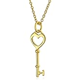 Bling Jewelry Simple Romantic Key to Your Heart Open Heart Key Necklace Pendant For Women Teens Girlfriend Yellow 14K Gold Plated .925 Sterling Silver