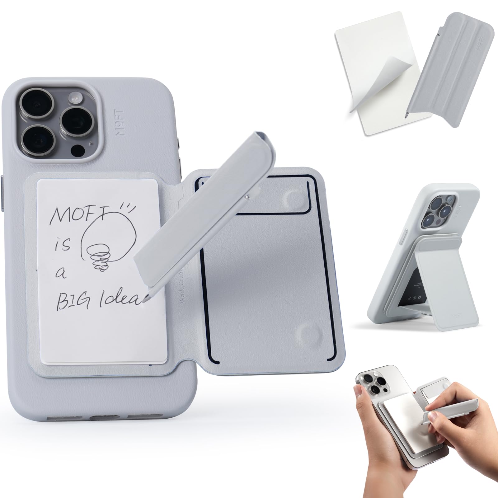 MOFT Snap Flow Phone Stand, Action Inspiration Magnetic Notepad Stand Compatible with Magsafe, Includes Two Types of Notepad and Magnetic Invisible Pen, Misty Cove + Misty Cove
