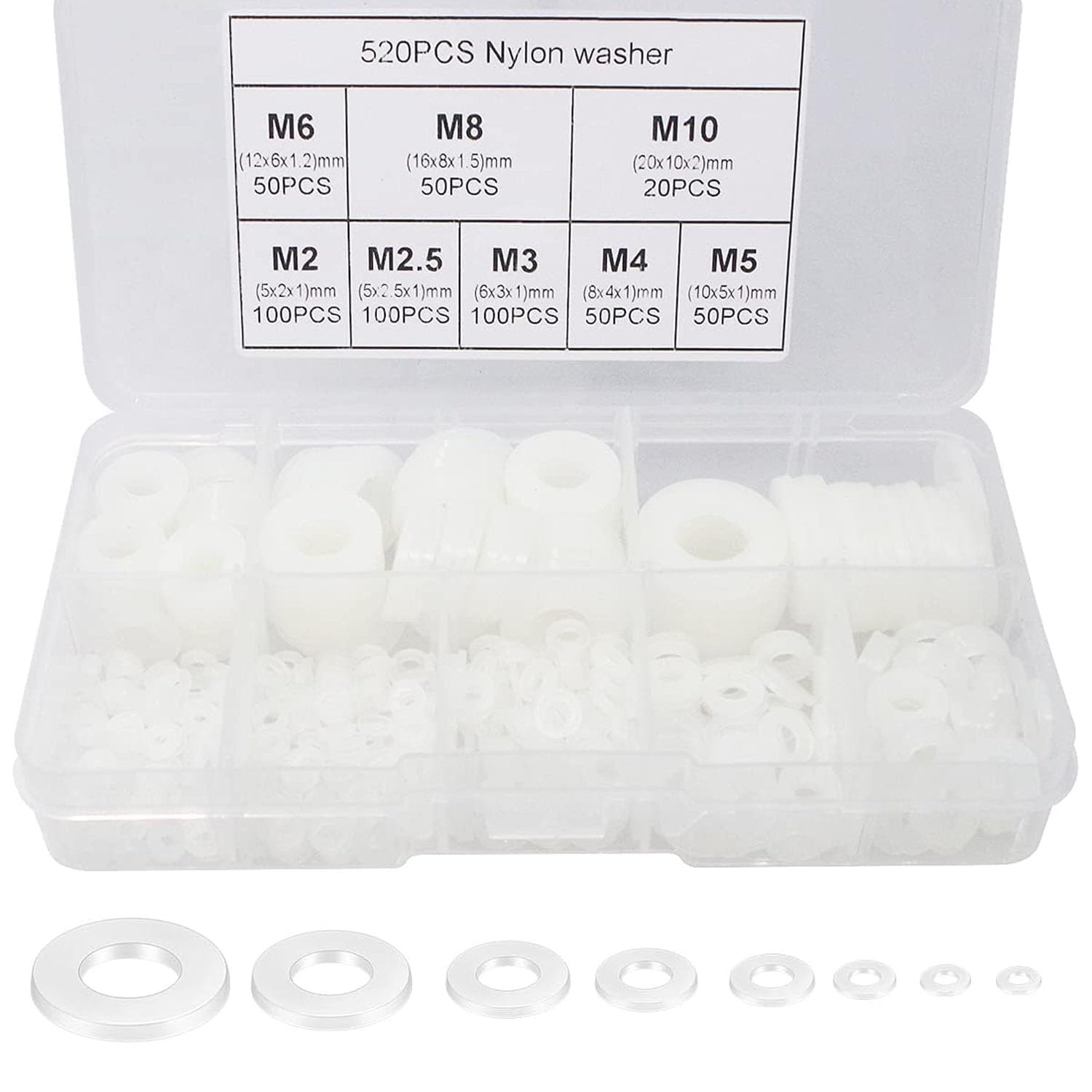 Gasea 520pcs Assorted Washers, Nylon White Plastic Washers Plastic Spacers, Flat O Ring Assortment, Round for Screws Bolts Plumbing Repair, M2 M2.5 M3 M4 M5 M6 M8 M10