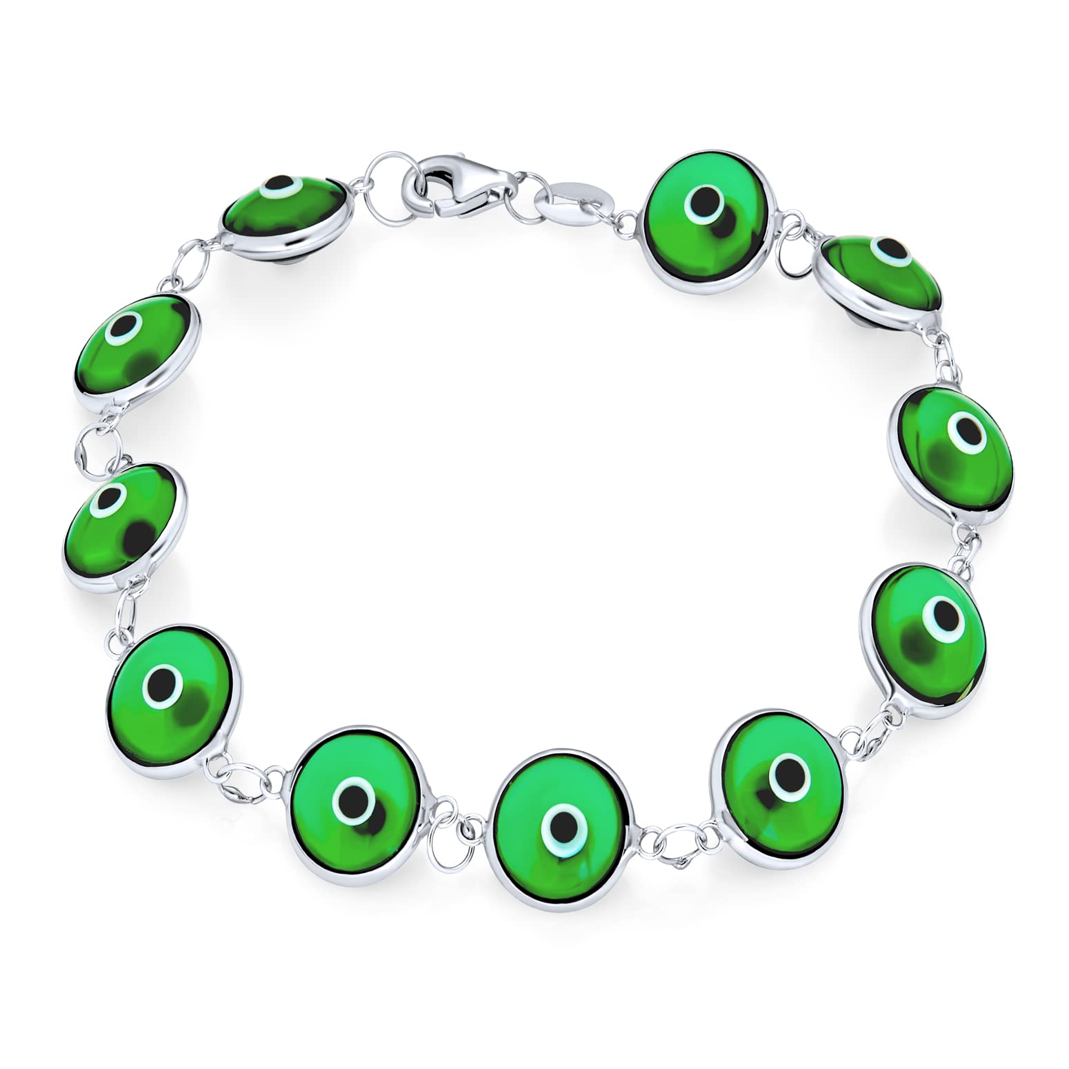 Bling Jewelry Protection Good Luck Amulet Turkish Translucent Green Glass Bead Evil Eye Bracelet For Women Teen .925 Sterling Silver 7 Inch