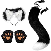Hyuetrsa Wolf Fox Costume, Faux Fur Wolf Ears Headband Fox Tail and Paw Gloves Set, Cat/Fox Ears Headband and Tail for Halloween Cosplay Christmas Party Supplies, Black (Ears and Tails with White)