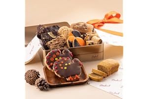 DULCET GIFT BASKETS Thanksgiving Gourmet Turkey and Holiday Cookie Gift Basket, Pumpkin Loaf, Chocolate Fudge Brownies, Turkey Cookies, Best of All Our Assorted Rugelach. Thanksgiving Fall Gift Idea By Dulcet Gift Basket