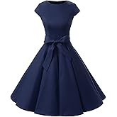 Dressystar Women's Vintage Dress for Women 2024 Cocktail Party Retro Rockabilly Formal Prom Dresses Cap-Sleeve 1956LD Navy L