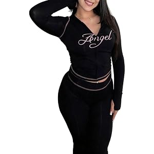 Women's 2 Piece Tracksuit - Angel Print Zip Hoodie & High Waist Leggings, Slim Stretch Outfit for Gym Fitness Workout