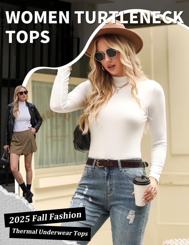 Marvmys Womens Long Sleeve Shirts Turtleneck Stretchy Fitted Casual Tops Basic Base Layer Soft Thermal Tee White 2XL