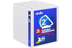 3 Ring Binder 2 Inch, ViVin Sturdy 2"-Slant D Ring Binder with 2 Interior Pockets, Clear View Cover, PVC-Free, Fits 500 Sheets of US Letter Size Paper (6 Pack, White)