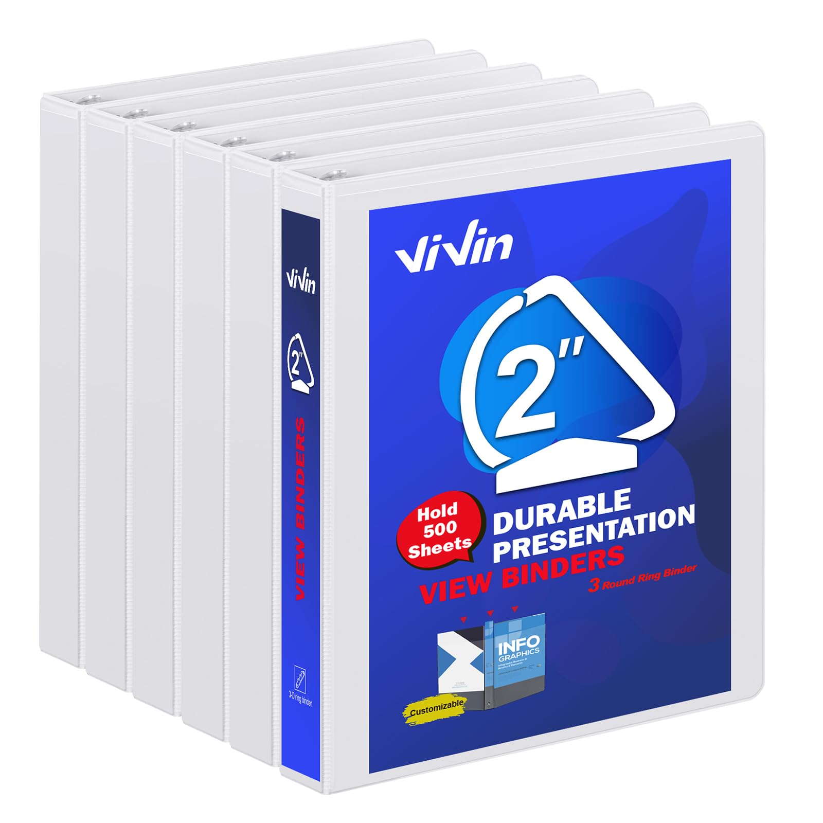 Photo 1 of 3 Ring Binder 2 Inch, ViVin Sturdy 2"-Slant D Ring Binder with 2 Interior Pockets, Clear View Cover, PVC-Free, Fits 500 Sheets of US Letter Size Paper (6 Pack, White)