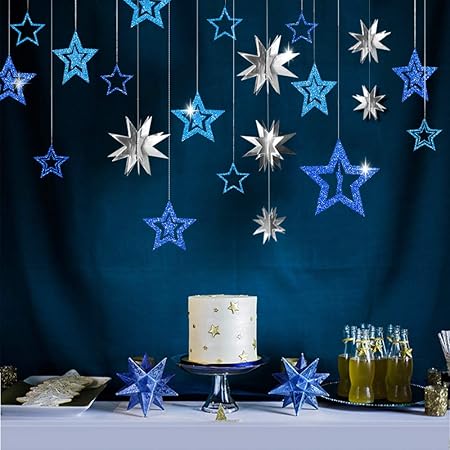 20pcs Blue And Silver Star Party Decoration Kit Colorful Decor Combo Metallic Glitter 3d Star Garland Centerpieces Twinkle Little Star Cutouts Party