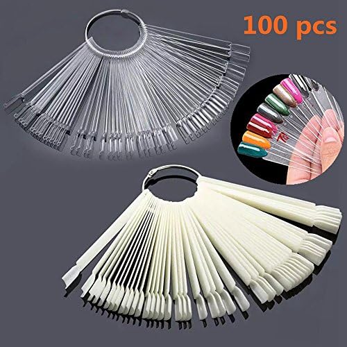 100 pcs Double Color Nail Tips Sticks Polish Display Tool（Natrural+Transparent）,Fan Nail Art Tips Display Practice Sector Tool with Stainless Steel Hoop