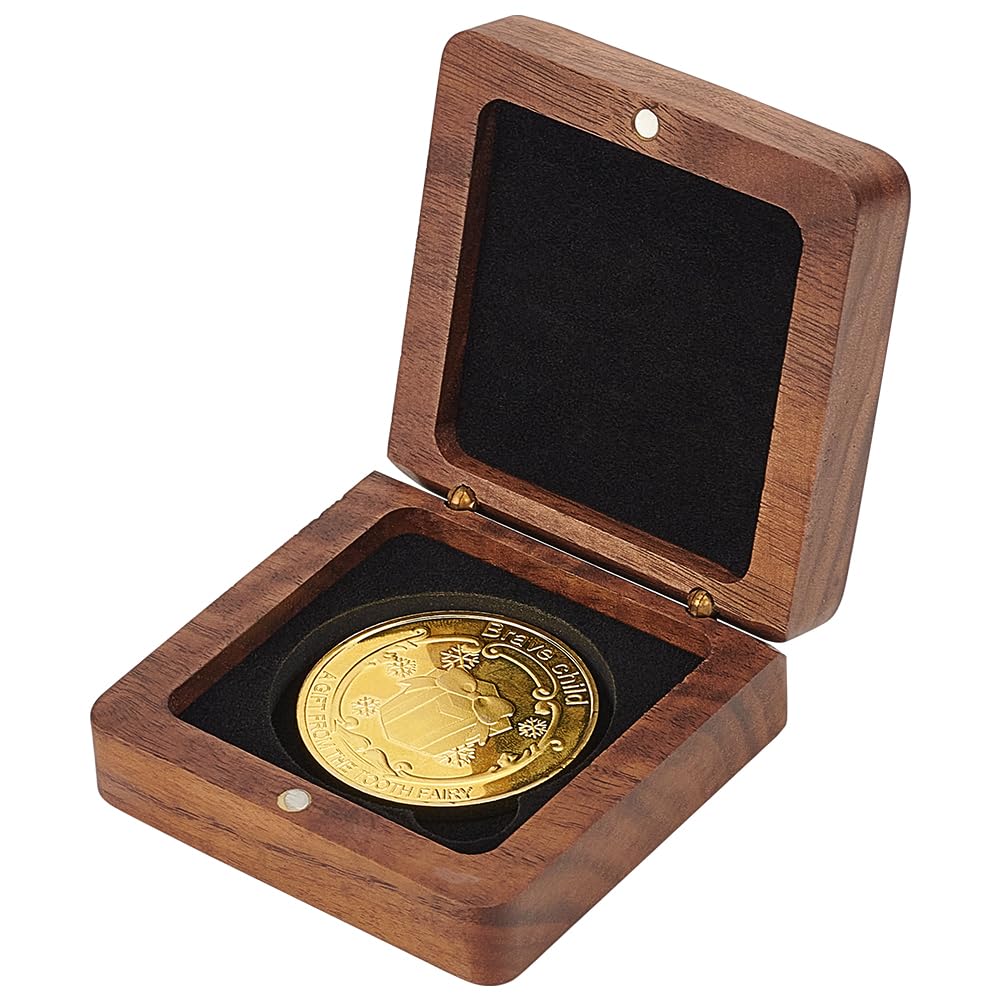 FINGERINSPIRE Single Wood Challenge Coin Presentation Display Gift Box With Black Velvet Inside 40mm Coin Storrage Box Magnetic Clasp Medal Display Case Commemorative Coin Holders for Collectors