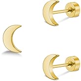 ZDE Women Flat Back Heart Earrings Non-Nickel Star Earrings Titanium Hypoallergenic Cartilage Moon Earrings Stud for Sensitive Ears Simple Classic 5mm Flat Stud Earring