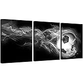 Biuteawal 3 Piece Sport Canvas Wall Art Football Soccer Picture Printed Canvas Painting for Teenager's Boys Bedroom Decor Black White Home Office Living Room Artwork 12x16inchx3pcs