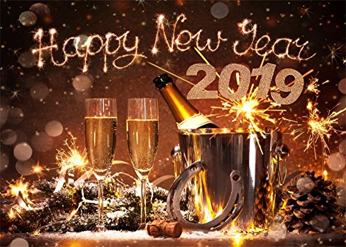 Leowefowa 9X6FT Happy New Year 2019 Backdrop Lucky Horseshoe Backdrops for Photography Champagne Fireworks Bokeh Merry Christmas Vinyl Photo Background Xmas Dinner Celebration Studio Props