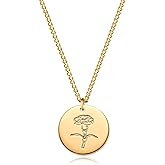 MEVECCO Birth Flower Necklace 18k Gold Custom Floral Pendant Necklaces Dainty Birth Month Flower Disc Hand Stamped Necklace Personalized Jewelry Birthday Gift