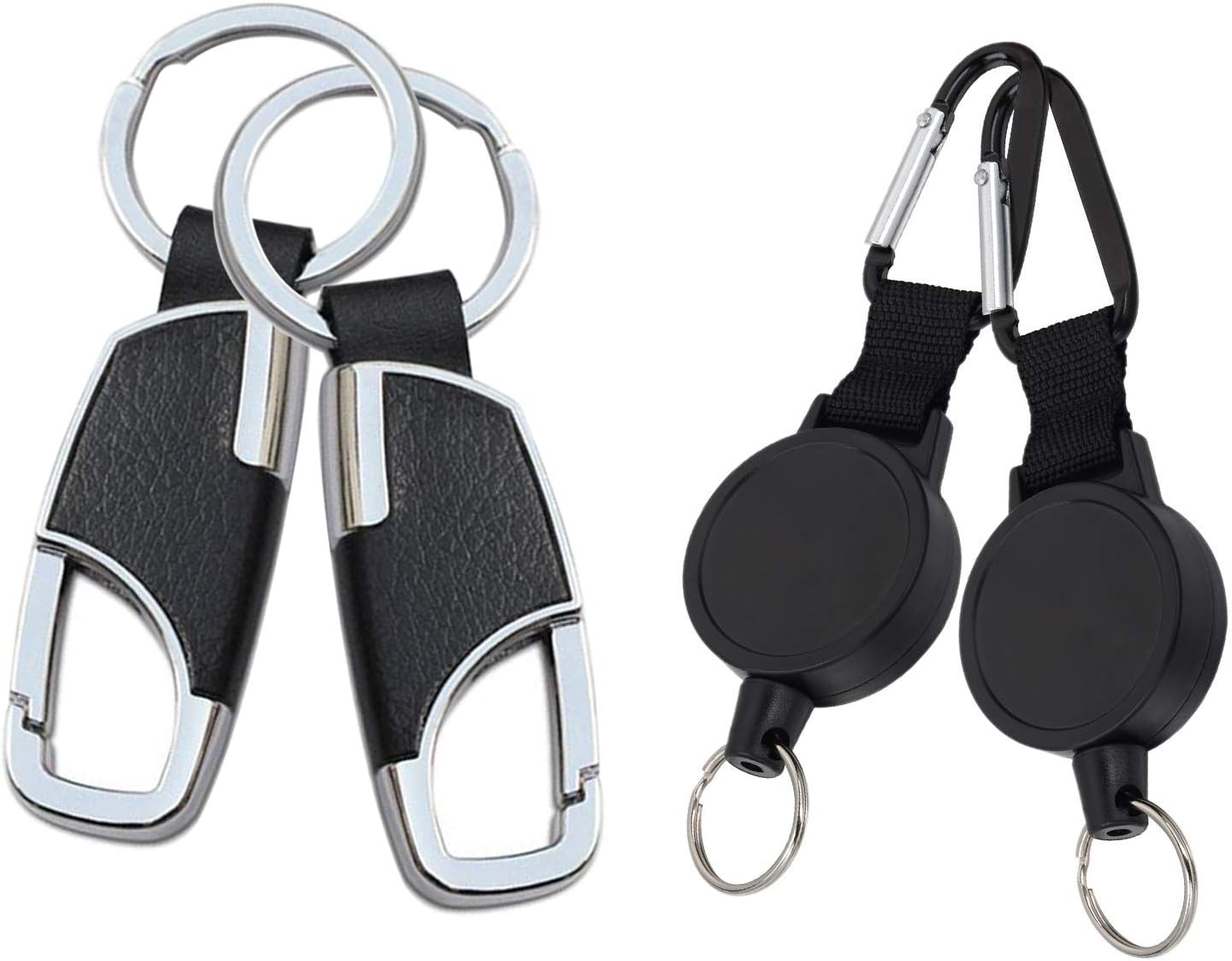 2 Pcs Retractable Key Chains Badges Reel Clip with 25 Inches Steel Wire Rope + 2 Pcs Steel Keychains Car Key Rings for Men and Women