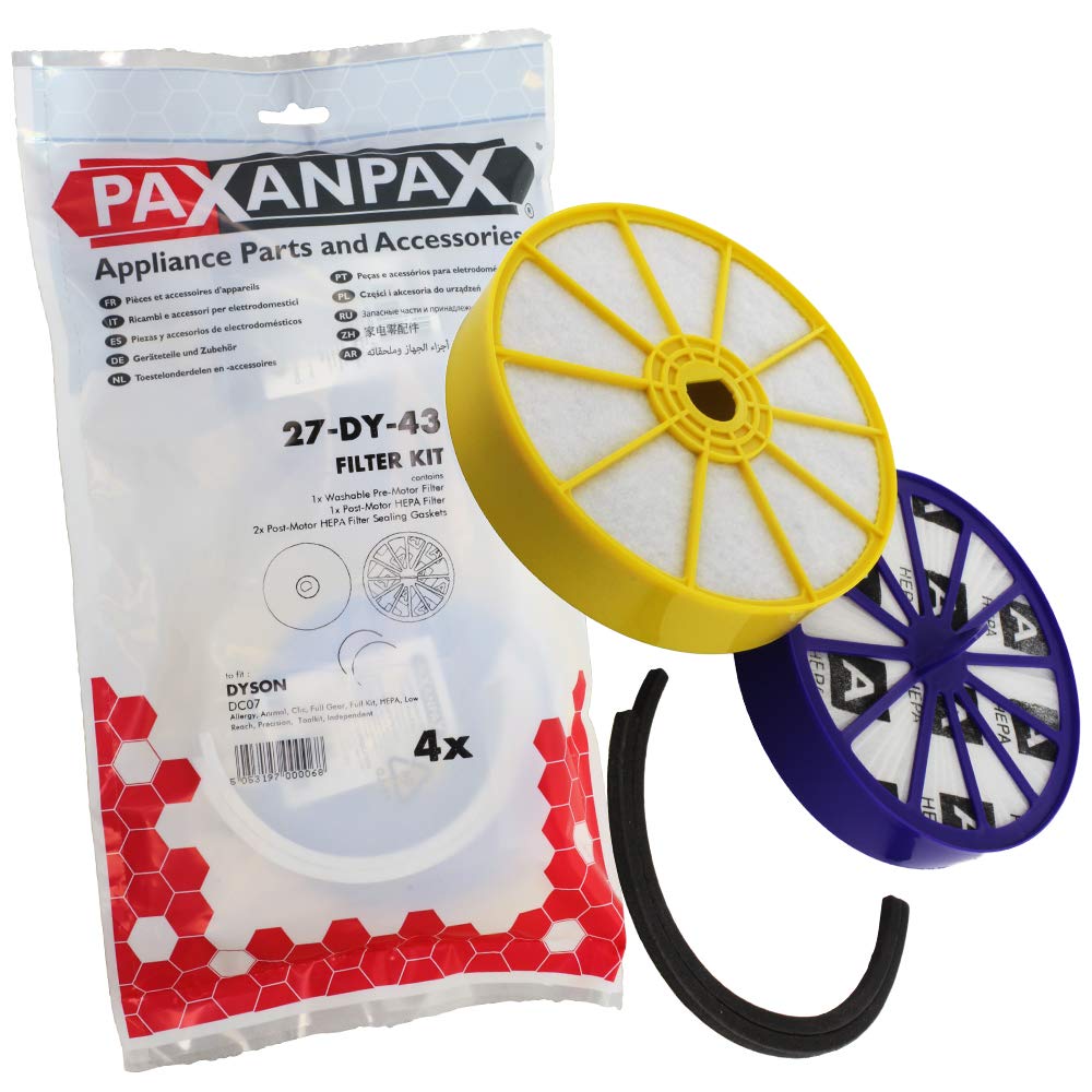 Paxanpax PFC358 Compatible HEPA & Washable Filter & Seal Set For Dyson DC07 (Pack of 2), White