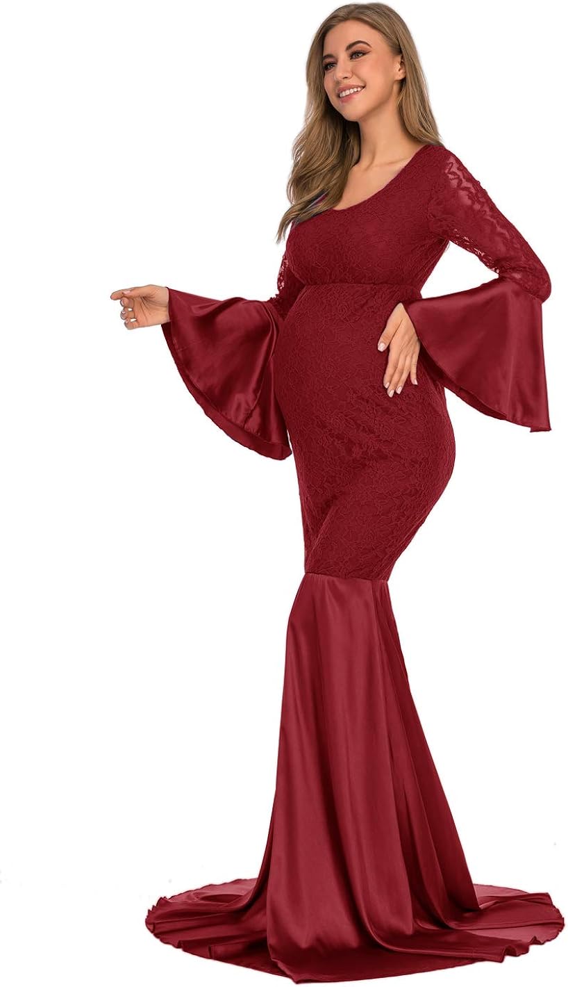 ZIUMUDY Maternity Lace Fitted Gown Long Sleeve Maxi Mermaid Photography Dress Baby Shower Photo Shoot at  Women’s Clothing store