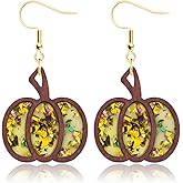 Dreuyet Pumpkin Wooden Dangle Earrings for Women Lightweight Handmade Pumpkin Earrings Glitter Halloween Fall Thanksgiving Drop Earring Holiday Jewelry Gifts ﻿