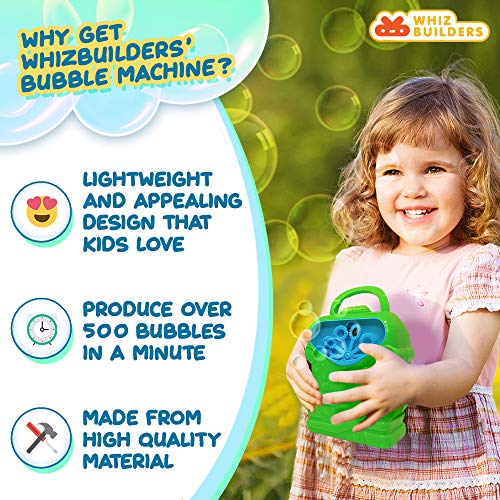 WhizBuilders Bubble Machine with Bubbles Solution Durable Bubble Blower for Boys and Girls - Indoor and Outdoor Bubble Maker for Kids