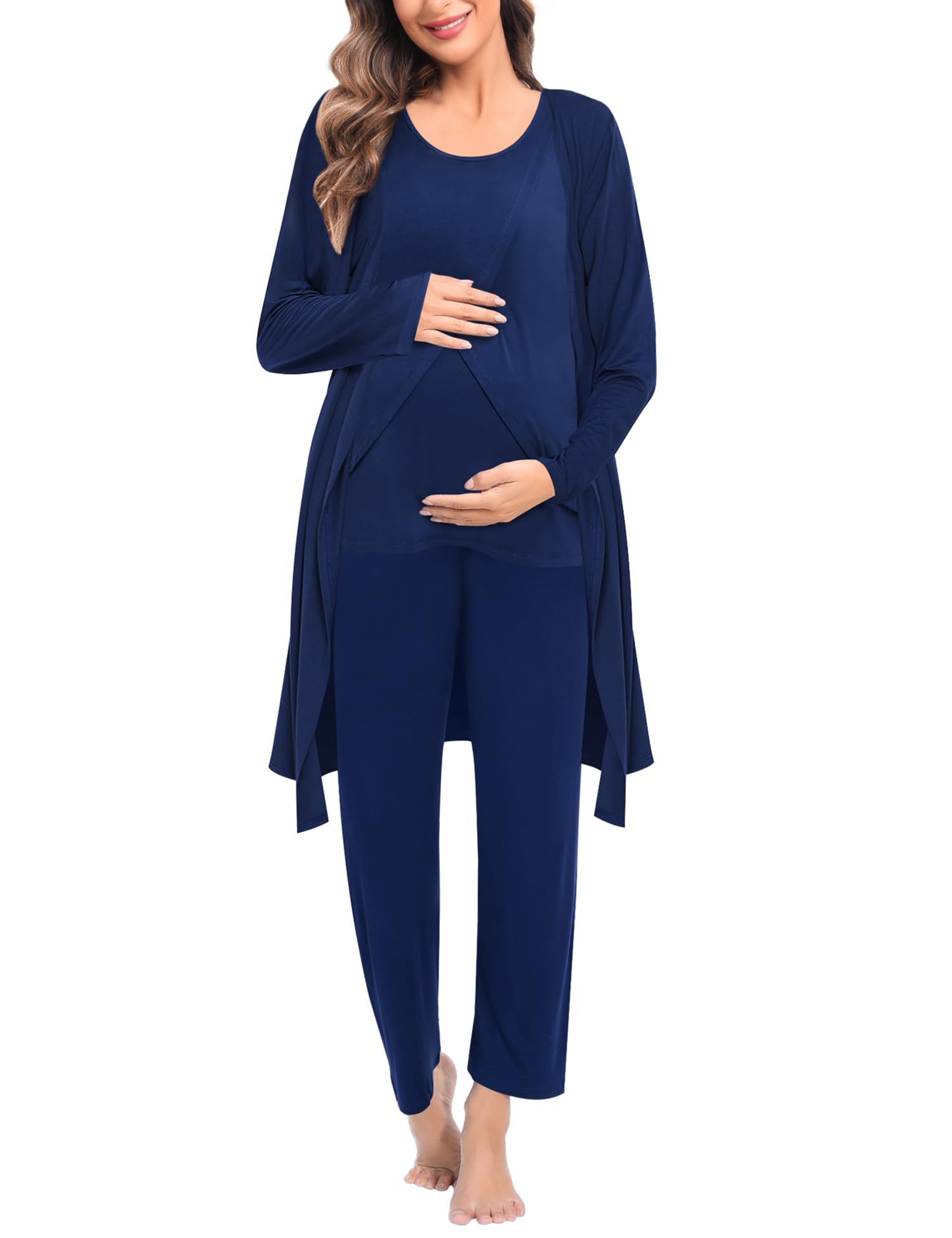 Photo 1 of SWOMOG Maternity Nursing Robe Set 3 PCS Postpartum Breastfeeding Pajamas Hospital Pregnancy Pjs Double Layer Lounge Set, Navy Blue Large