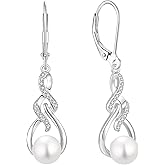 Lwsary Infinity Pearl Dangle Drop Earrings for Women 925 Sterling Silver Leverback Earrings with 7MM Pearl Jewelry Gifts for Her