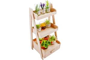 HIAWBON 11 Pieces Miniature Wooden Bookshelf & Mini Potted Plants Set Vintage Mini House Furniture Mini Plant Shelf Kit for Miniature Fairy Garden Decoration