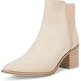 Coutgo Womens Pointed Toe Ankle Boots Elastic Chunky Block Stacked Mid Heel Slip On Chelsea Booties