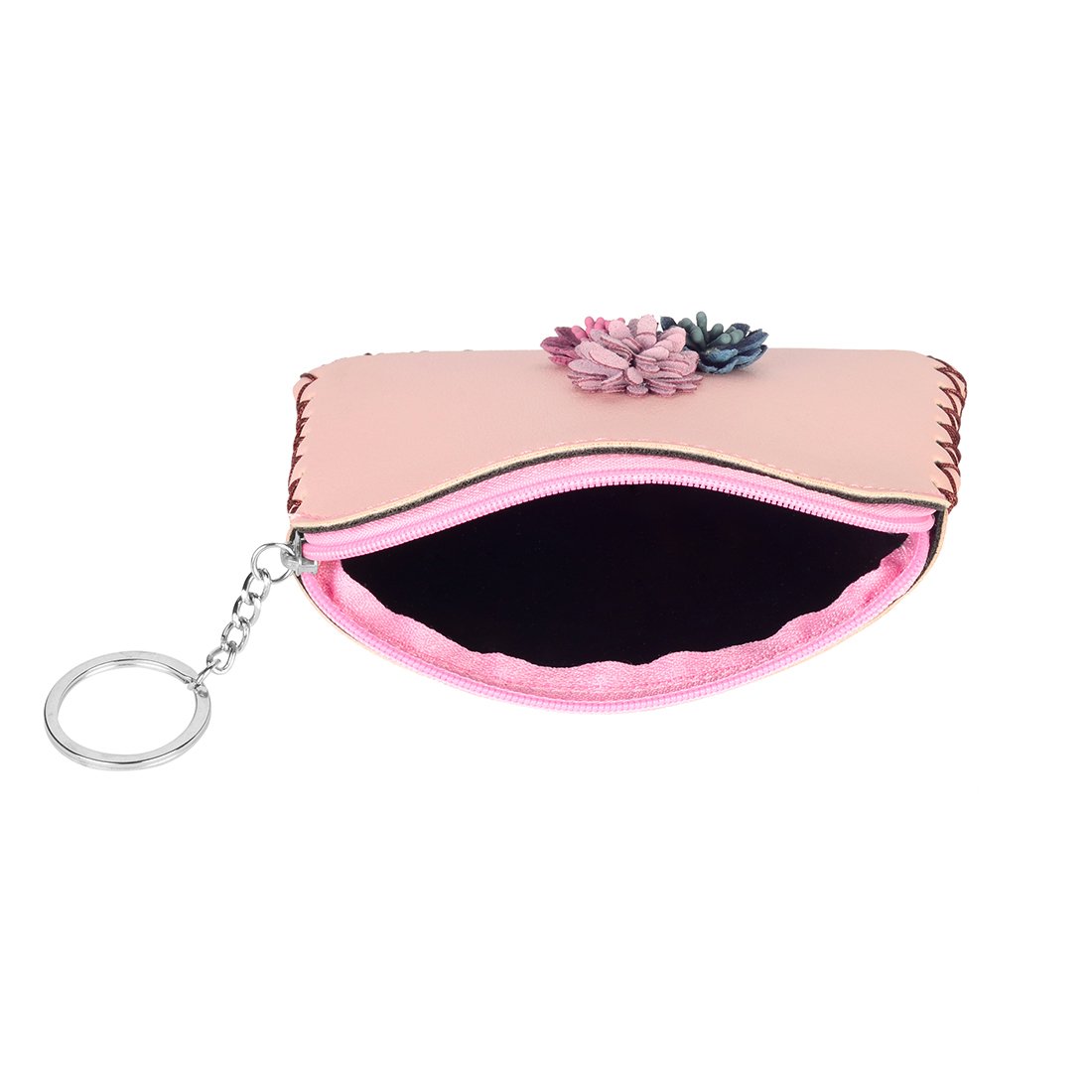 stripes light pink pu leather flower with tassel small coin purse