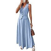 ELLEVEN 2 Piece Linen Sets for Women Summer Outfit,V-Neck Vest Top & Flowy Maxi Skirt