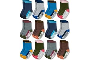 JAKIDAR 12 Pack Baby Toddler Socks Non Slip Grip Cotton Crew Socks for Boys Girls Infants Kids