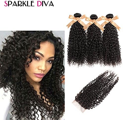 Sparkle Diva 100% Unprocessed 7A Brazilian Kinky Curly Weave Virgin Human Hair Weaving 3 Bundles with 1 Piece Sexy 3 Part Lace Closure (4×4)Inch Natural Color Can Be Dyed and Bleached (26 28 28+20)