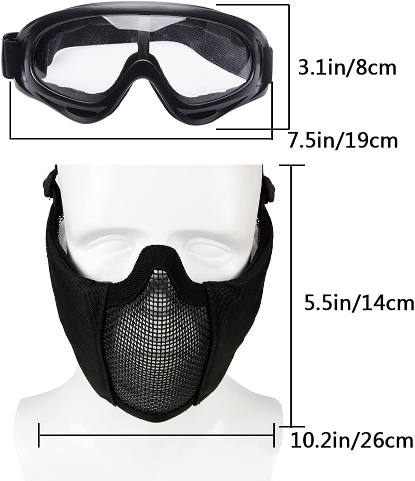 Aoutacc Airsoft Mask Tactical Goggles Set, Lower Steel Mesh Mask Protective Half Face Mask with Ear Protection UV Protection Glasses Comfortable for Adult Men Women CS Hunting Paintball Shooting : Sports & Outdoors